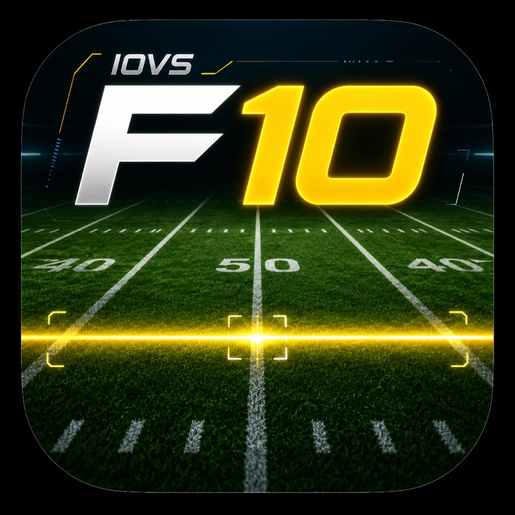 IOVS F10 virtual first-down line overlay on a live sports broadcast